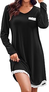 Womens Long Sleeve Nightgowns V Neck Sleepshirts Lace Nightshirts Casual T-shirt Sleep Dress with Pocket - Buy now