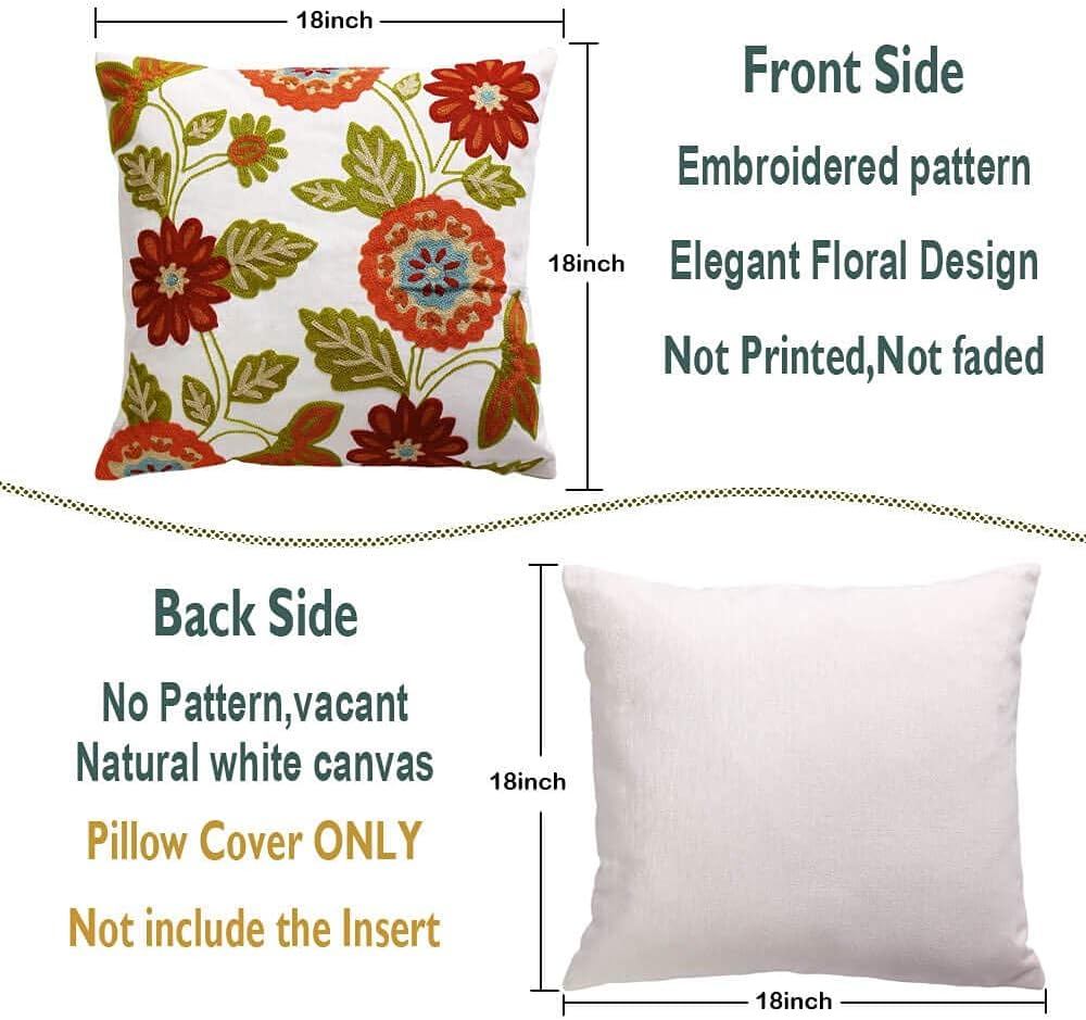 Throw Pillow Case Covers 18x18 inch Set of 2 Decorative Floral Embroidered Design on Solid Natural White Background for Couch, Sofa, Bed - Cushion Not Included