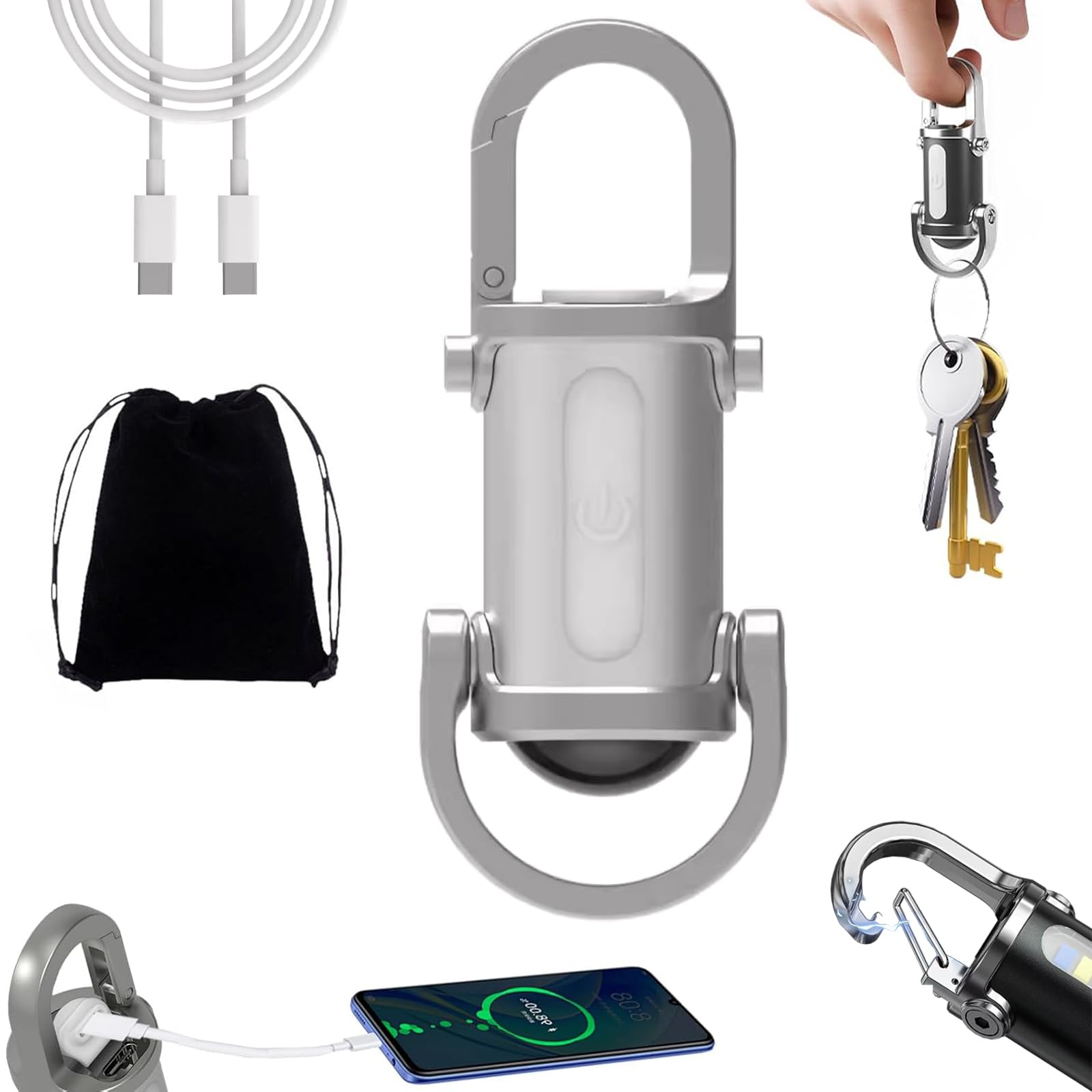 Drbrrly White 1200Lm Super Bright Mini Keychain Flashlight Waterproof, Keychain Flashlight Rechargeable, Keychain Torch, Key Ring Torch Mini, Keyring Light With Power Bank & 3 Modes (White)