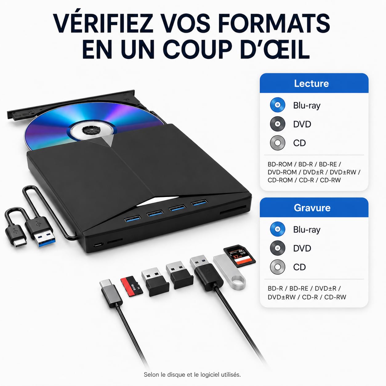 Lecteur Graveur Blu-Ray Externe 7-en-1, USB 3.0/USB-C, 4 USB, SD/TF