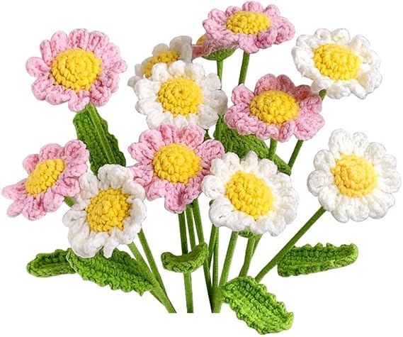 Crochet Chamomile Flowers 10Pcs, Handmade Daisy Bouquet Bendable