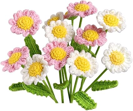 Crochet Chamomile Flowers 10Pcs, Handmade Daisy Bouquet Bendable