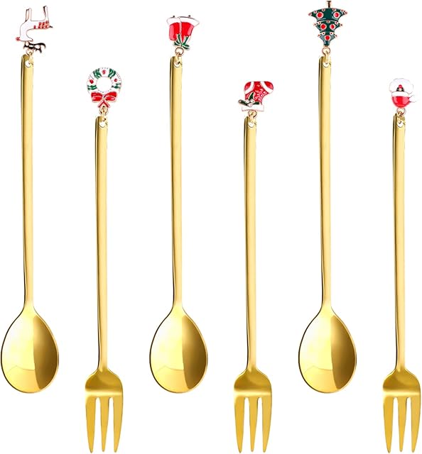 Christmas Coffee Spoons and Forks, 6 Pcs Stainless Steel Teaspoons Dinner Forks with Pendant, Stirring Spoon Tea Spoon Soup Spoon for Kitchen Tableware (Golden)