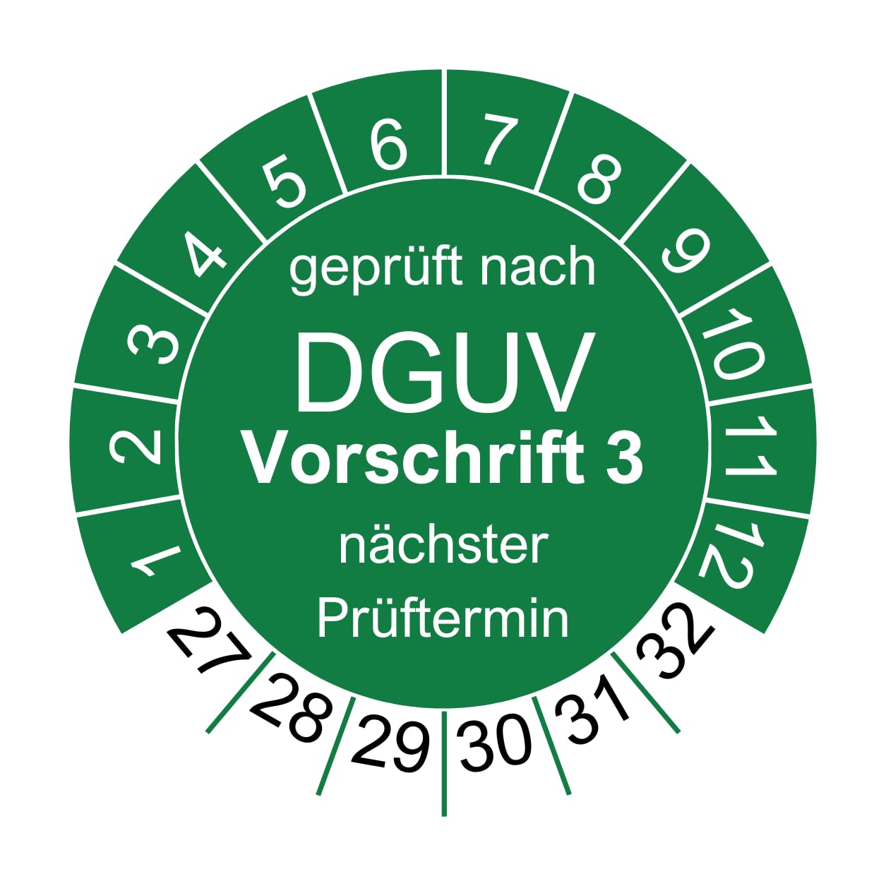 500 placas de prueba para DGUV V3 reglamento 3 – Ø 30 mm – 2027 – 2032 – sostenible – verde – 2026 próximo examen (500 unidades, verde)
