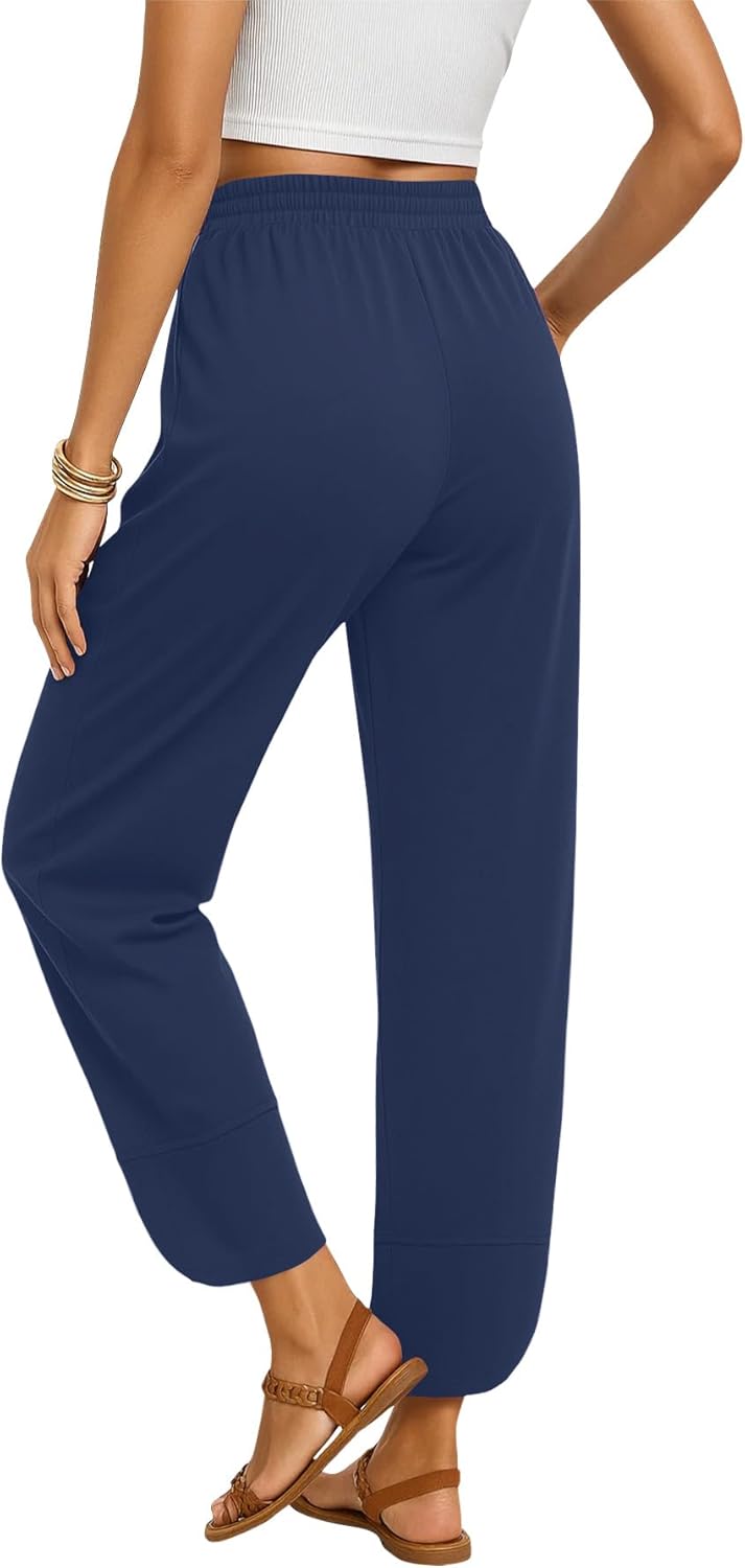 NILOUFO Womens Baggy Wide Leg Pants Casual Elastic High Waisted Palazzo Harem Trousers with Pockets Lounge Loose Comfy Pants (Navy Blue, X-Large) - Image 4