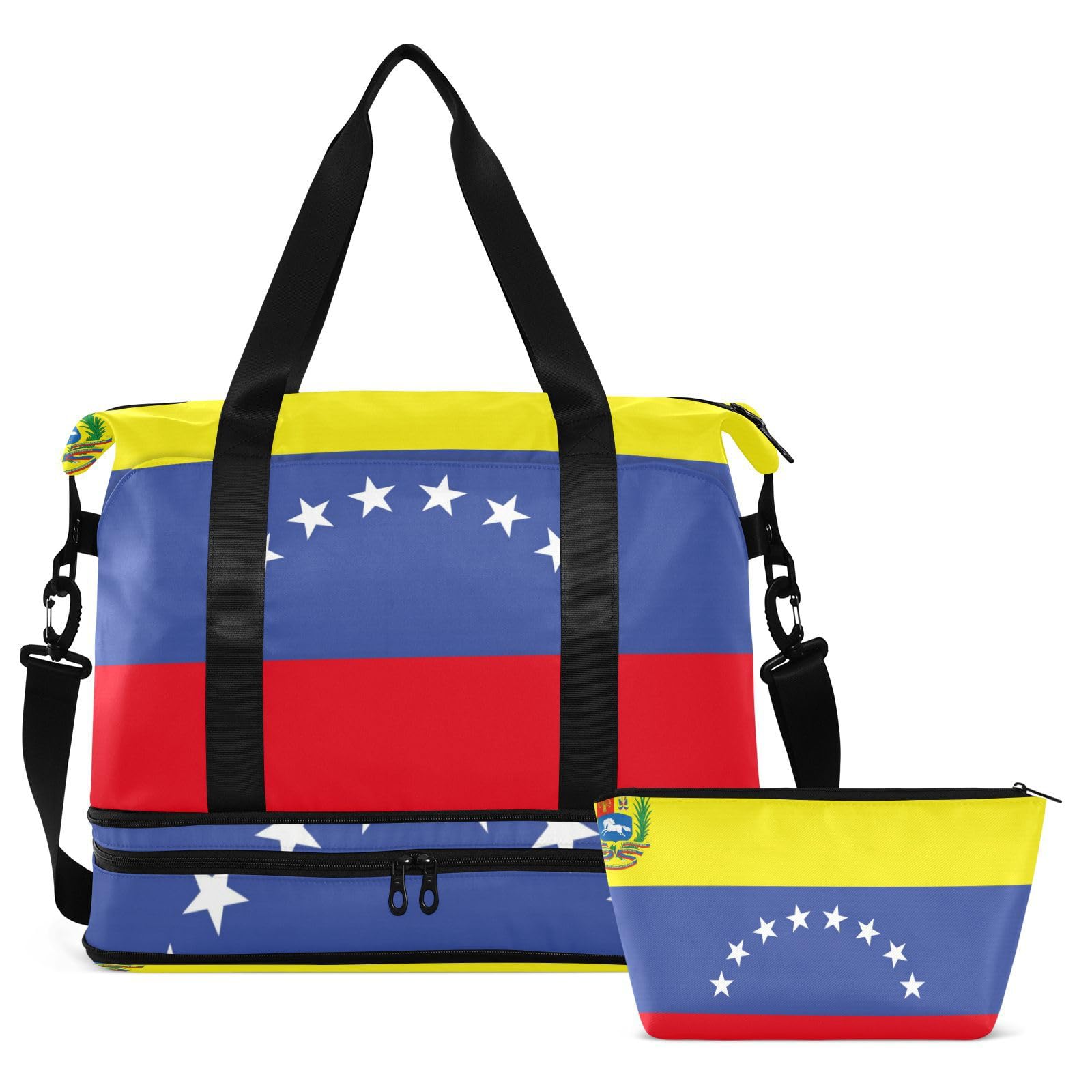 Venezuela - Bolsa de viaje de gran tamaño con bolsillo húmedo ajustable, correa ajustable para el gimnasio, viaje en avión, viajes, 2 piezas, para hombres y mujeres