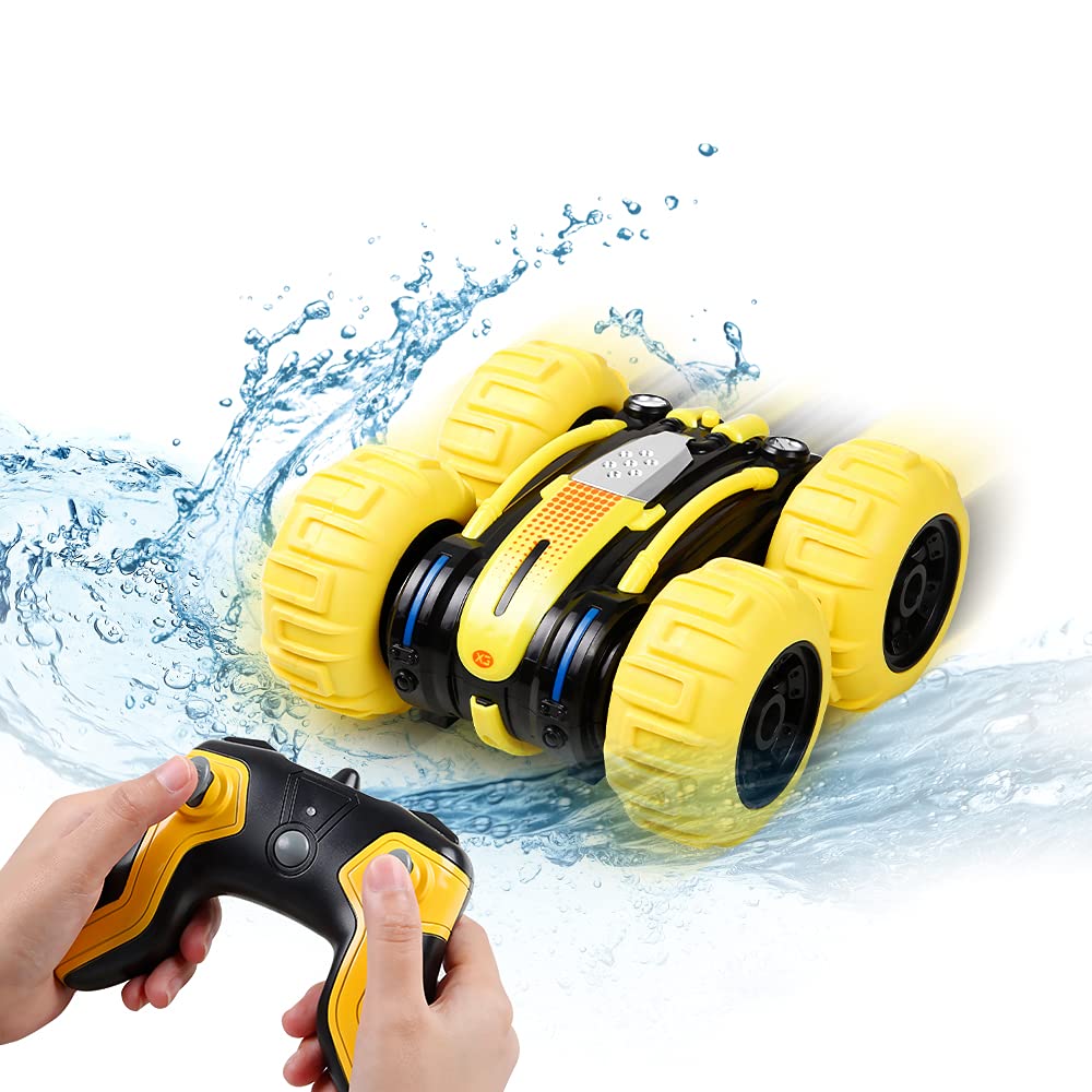 Faylor Remote Control Car Waterproof Stunt Car- 2.4Ghz 4WD Off Road Water & Land Rc Cars-Double Sides Stunt Car with 360° Spins & Flips Racing Car Toys for Kids Birthday Gift, Yellow