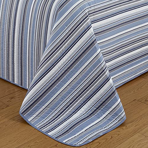 Market & Place 3 Piece Reversible Quilt Set With Shams | All-Season Soft & Lightweight Bedspread With Modern Striped Pattern | Elise Collection (Full/Queen, Blue/Grey) #TOP3