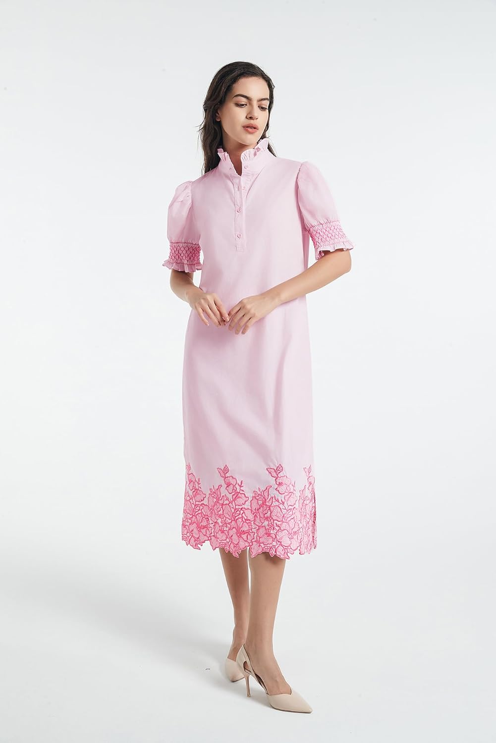 Womens Casual Shirt Dress Button Down Short Sleeve Midi Dress Flower Embroidery Slit Spring Summer Fall Fashion Dresses - Image 2
