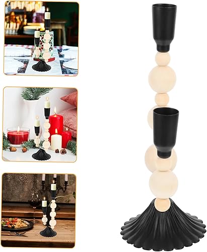 Miniatura 9 de PRETYZOOM Portavelas resistentes con cuentas de hierro y madera, perfectos para centros de mesa estilo vintage