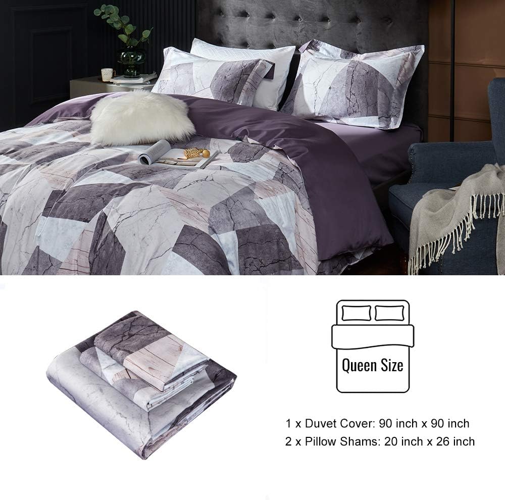 MILDLY 100% Long Staple Cotton Duvet Cover Set, 3pcs Geometric Marble Textured Pattern Printed Comforter Cover Set
