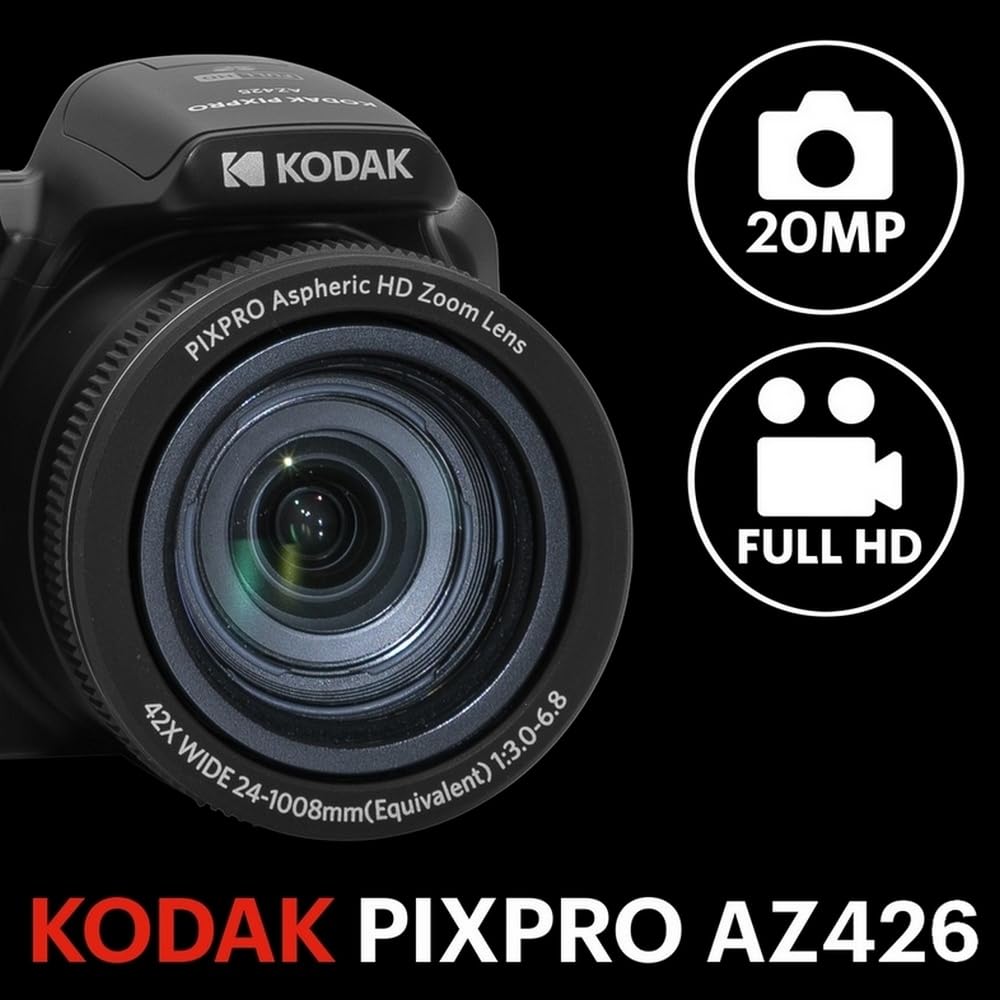 KODAK Pixpro Astro Zoom AZ426 - Cámara de Puente Digital, Zoom óptico 42X, Gran Angular de 24 mm, 20 megapíxeles, 3 LCD, vídeo Full HD 1080p, batería de Iones de Litio - Negro
