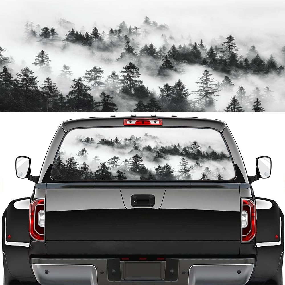 Abstract Mountain Forest Rear Window Decal Wrap Graphic, Rustic Morning Misty Nature Forest View Vinyl Window Film Truck Back Window Decals,Pickup Trucks Back Window Stickers 66 x 22 inch