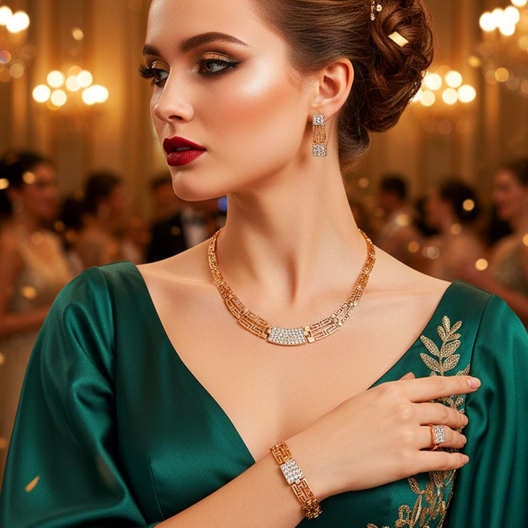 Aukmla Gold Jewelry Set Rhinestone Necklace Earrings Bracelet Ring Sets Prom Costume Jewelry for Women - Image 3
