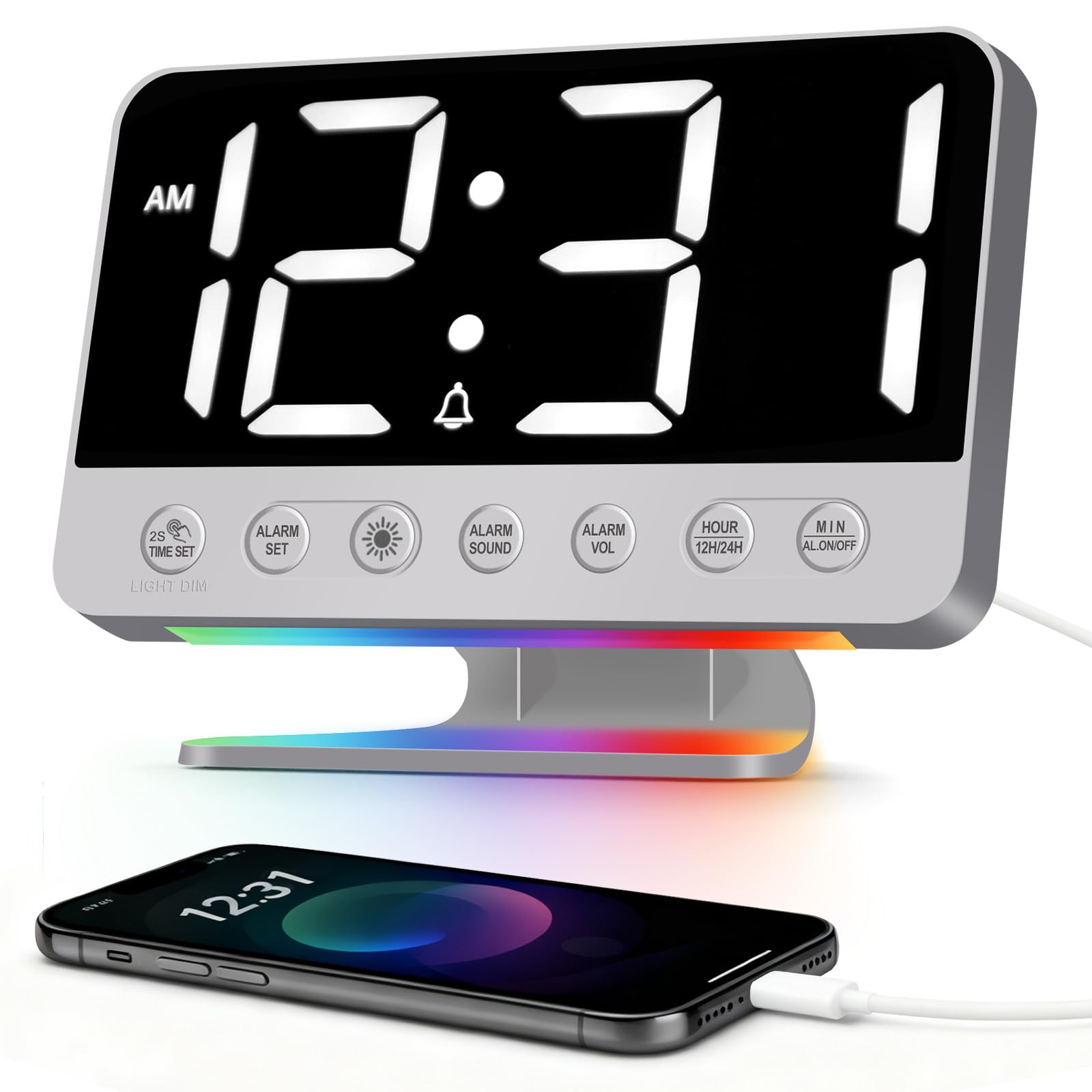 Venchin Wecker Digital: Lauter Wecker für Tiefschläfer 110dB, 8 RGB-licht USB-Ladeanschluss Schlummer Nachttisch 5 Naturgeräuschen 6 Helligkeit 4 Lautstärke 12H/24H, Große Zahlen LED Tischuhr Kinder