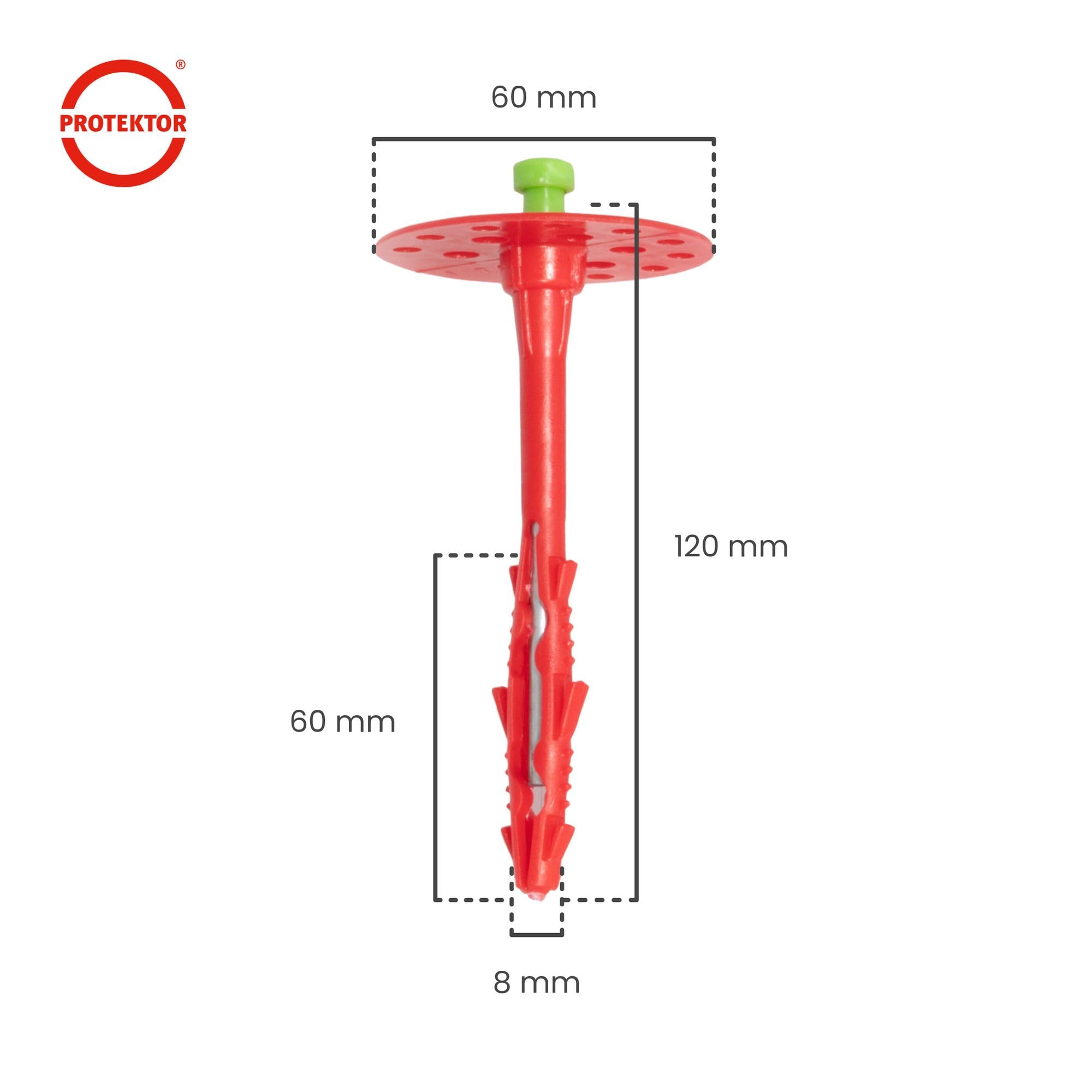 PROTEKTOR Taco para aislamiento térmico 100 unidades Ø8x120mm con clavo de acero para fijación de fachadas, aislamiento y SATE, WDVS anclajes de impacto con certificación ETA Anclajes térmicos