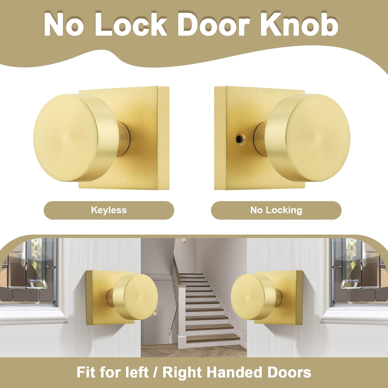 Probrico 6 Pack Door Knobs Interior, Brushed Brass Door Handles No Lock, Gold Interior Doorknobs for Closet/Hallway Doors, Round Door Knobs on Square Rose