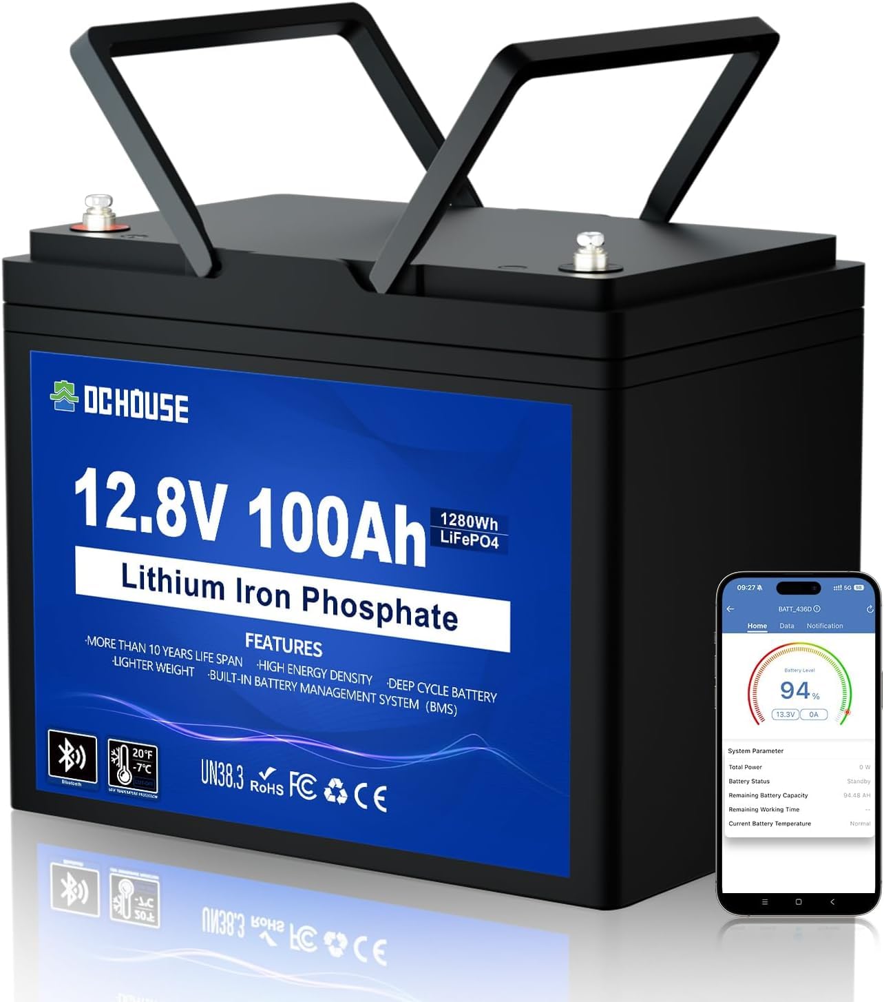 DCHOUSE Batteria Litio Bluetooth 12V 100Ah, Batteria al Litio 12V 1280Wh con Protezione 100A BMS e a Bassa Temperatura, Lifepo4 per Motori Elettrici, Caravan, Campeggio, Sistemi Solare