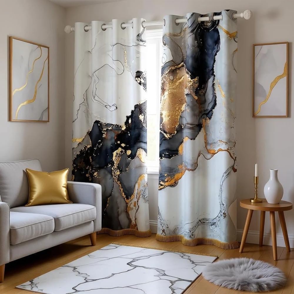 Loussiesd Men's Multicolored 13223 Marble Curtains For Bedroom Living Room Black Gary Marble Printed Curtains For Wo Adults Abstract Art Windows Drapes Luxury Soft Room Decoration,W66*L90