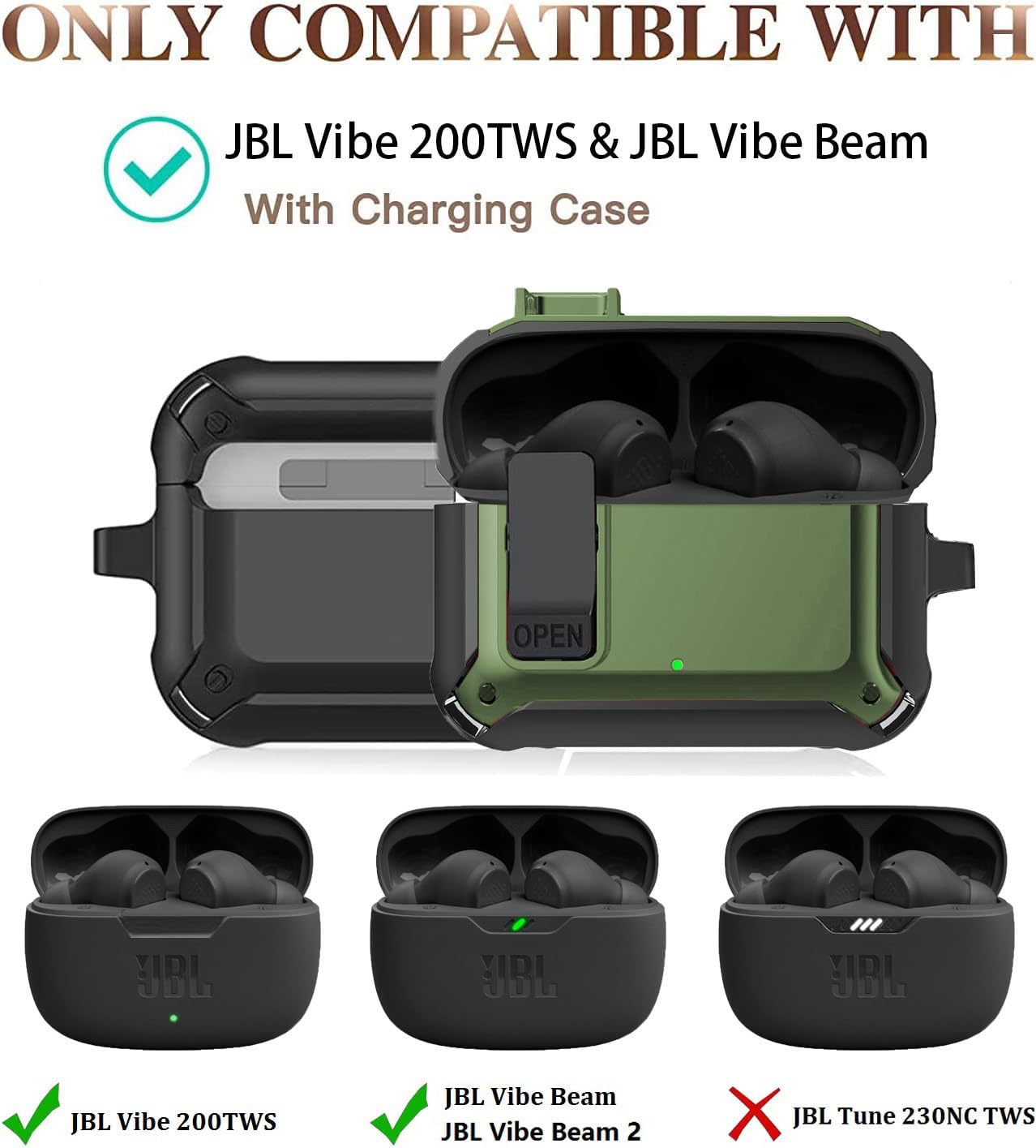 Compatible with JBL Vibe Beam/Beam 2 Case Cover Lock Clip with Cleaner Kit,Cool Protective JBL Vibe 200TWS Cover Men Women with Carabiner for JBL Vibe Beam 2 Charging Case - Army Green image 2
