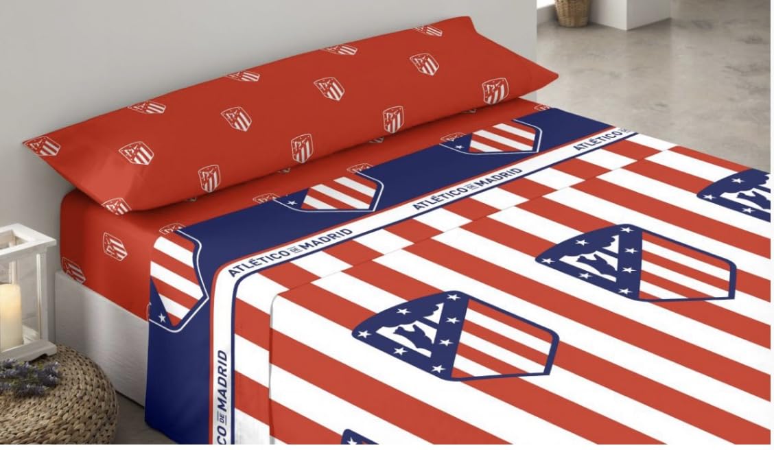 Juego de Cama At. Madrid de Fútbol, 3 Piezas (Bajera, Encimera y Funda de Almohada), Sábanas del At. Madrid, Regalo, Oficial Fútbol At. Madrid, (M1, 90 cm)