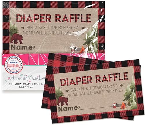 Amanda Creation Outdoorsy - Boletos para rifas de pañales de leñador a cuadros rojos y negros para baby showers, 20 insertos de doble cara de 2 x 3