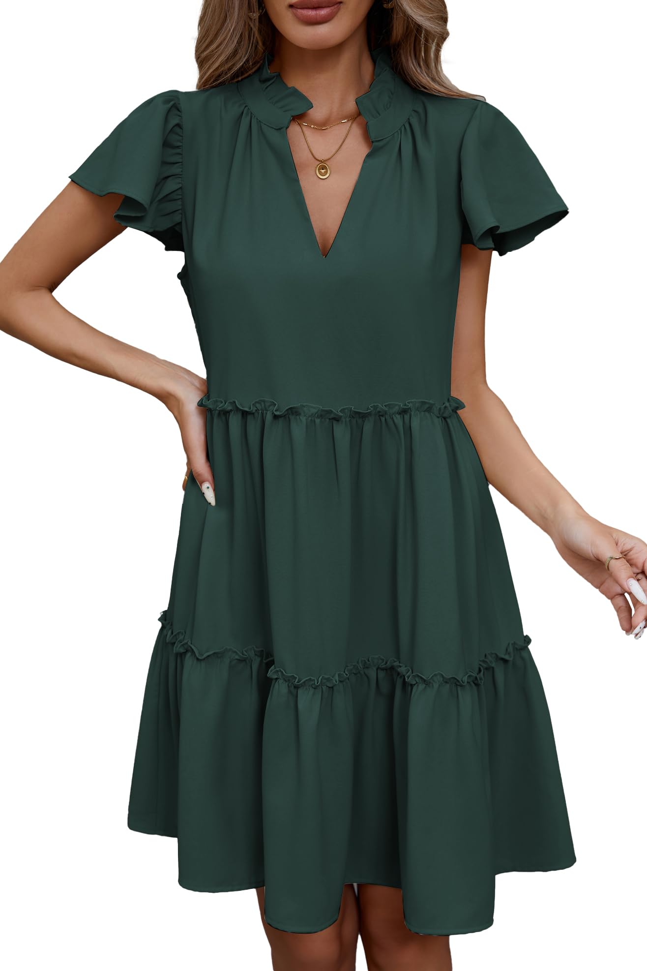 Famulily Summer Dress for Women Ruffle Cap Sleeve Pleated V Neck Dress Tiered Swing A Line Babydoll Mini Dress