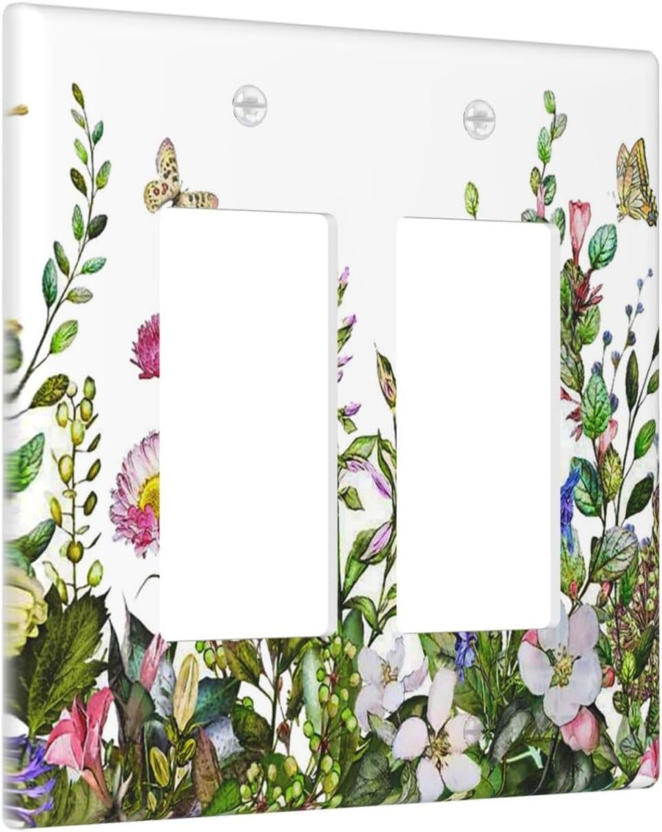 Wildflower Floral 2 Gang Light Switch Cover Green Leaf Rustic Decorative Wall Plate Double Rocker Colorful Flower Plant GFCI Electrical Switchplate Faceplate for Home Decor