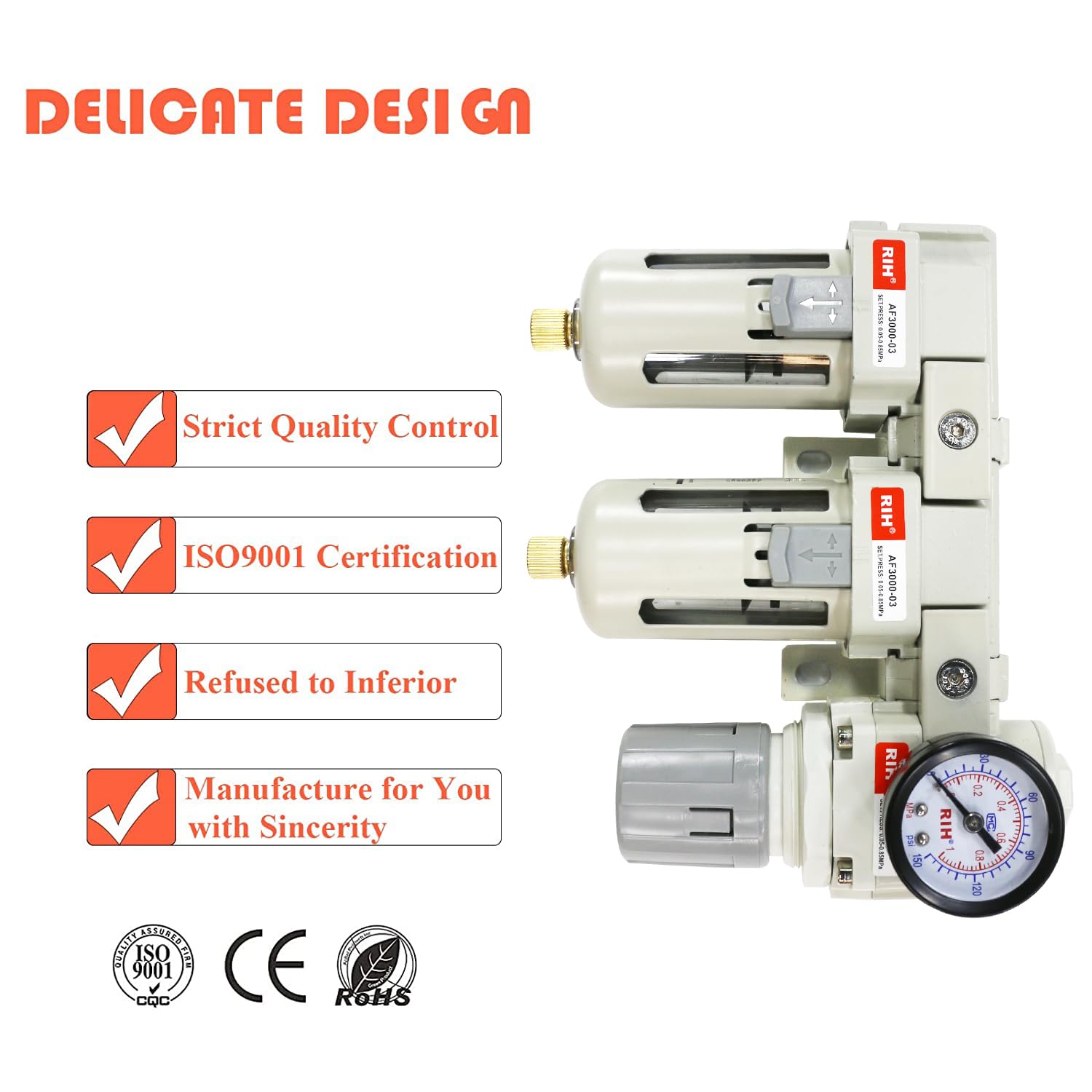 RIH Pneumatica aria compressa doppio filtro e regolatore, sistema di asciugatura dell'aria, separatore d'acqua compressore d'aria, scarico semi automatico, ciotola poli, 0-150 psi Gauge, elemento in