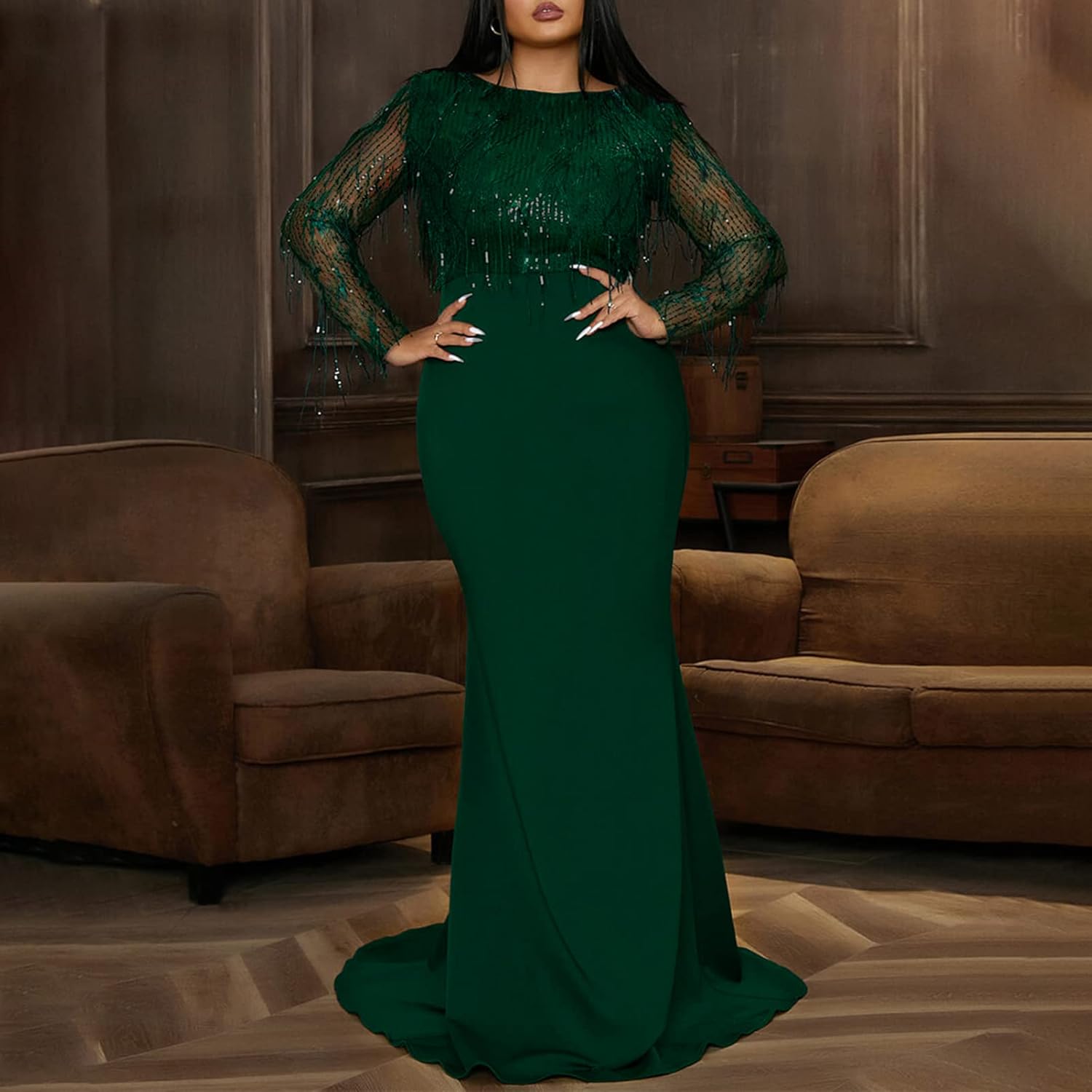 Cololura Sexy Sequin Plus Size Mesh Splice Perspective Party Cocktail Bodycon Evening Prom Mermaid Maxi Dress - Image 3