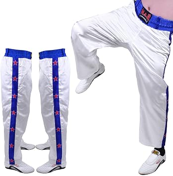 MAR | Full Contact Kickboxing Trousers; Boxing, Muay-Thai, Fitness & Karate Pants, 8oz Polyester Satin Fabric with Striped Star Design, Elasticated Drawstring Waistband Bottoms