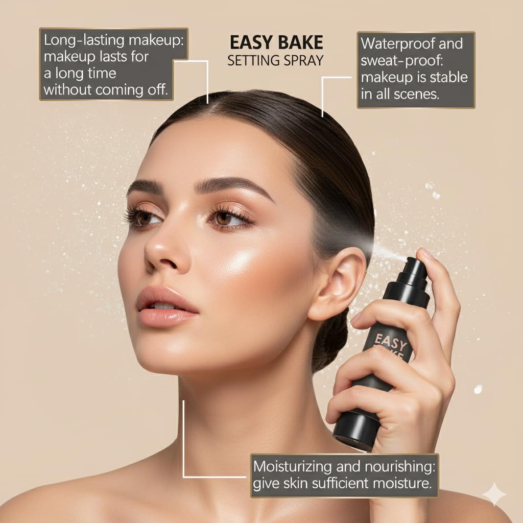Easy Bake Setting Spray, Waterproof & Oil-Control Pore Smoothing Vegan Skin Care, 16H Long-Lasting, Sweatproof Formula for Matte Finish Makeup Sealant, 100ml