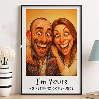 Caricature Wall Art For Funny Couples - Custom Cartoon Drawing From Photo - Personalized Poster, I'm Yours No Returns or Refunds Wall Art For Funny Couples, Anniversary Wedding Gift For Husband Wife