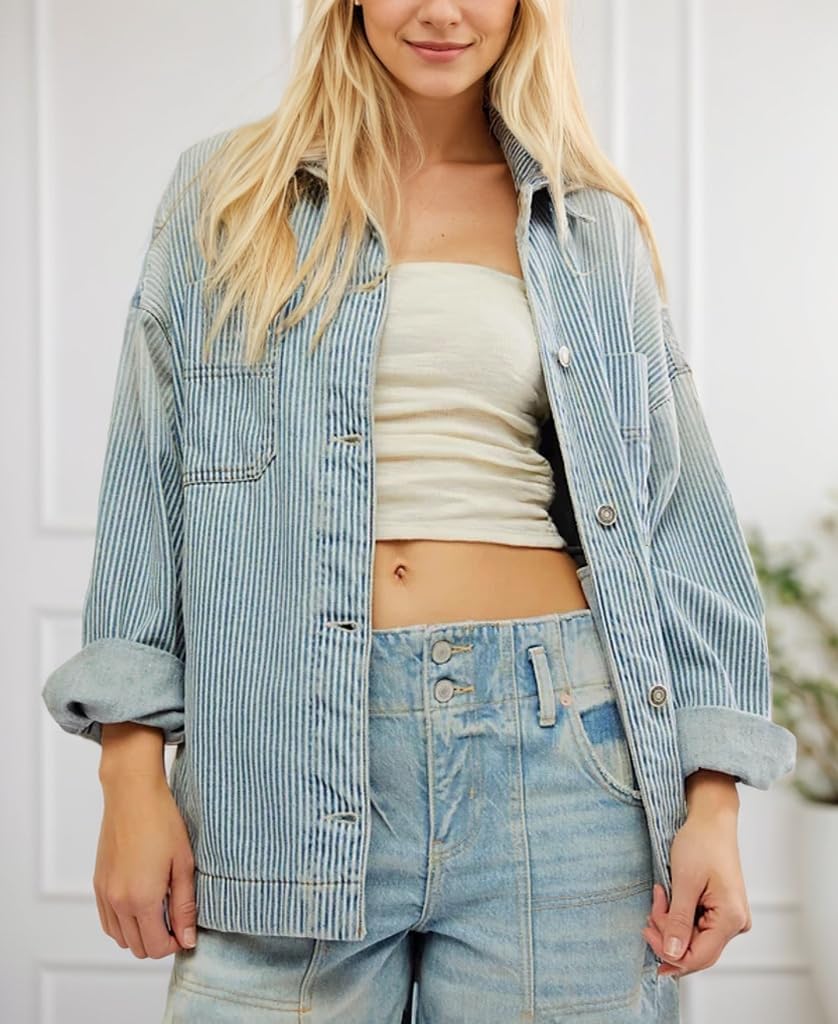 Kedera Women's Striped Denim Jackets Casual Long Sleeve Fall Jean Outfits Boyfriend Denim Coat with Pockets - Image 6