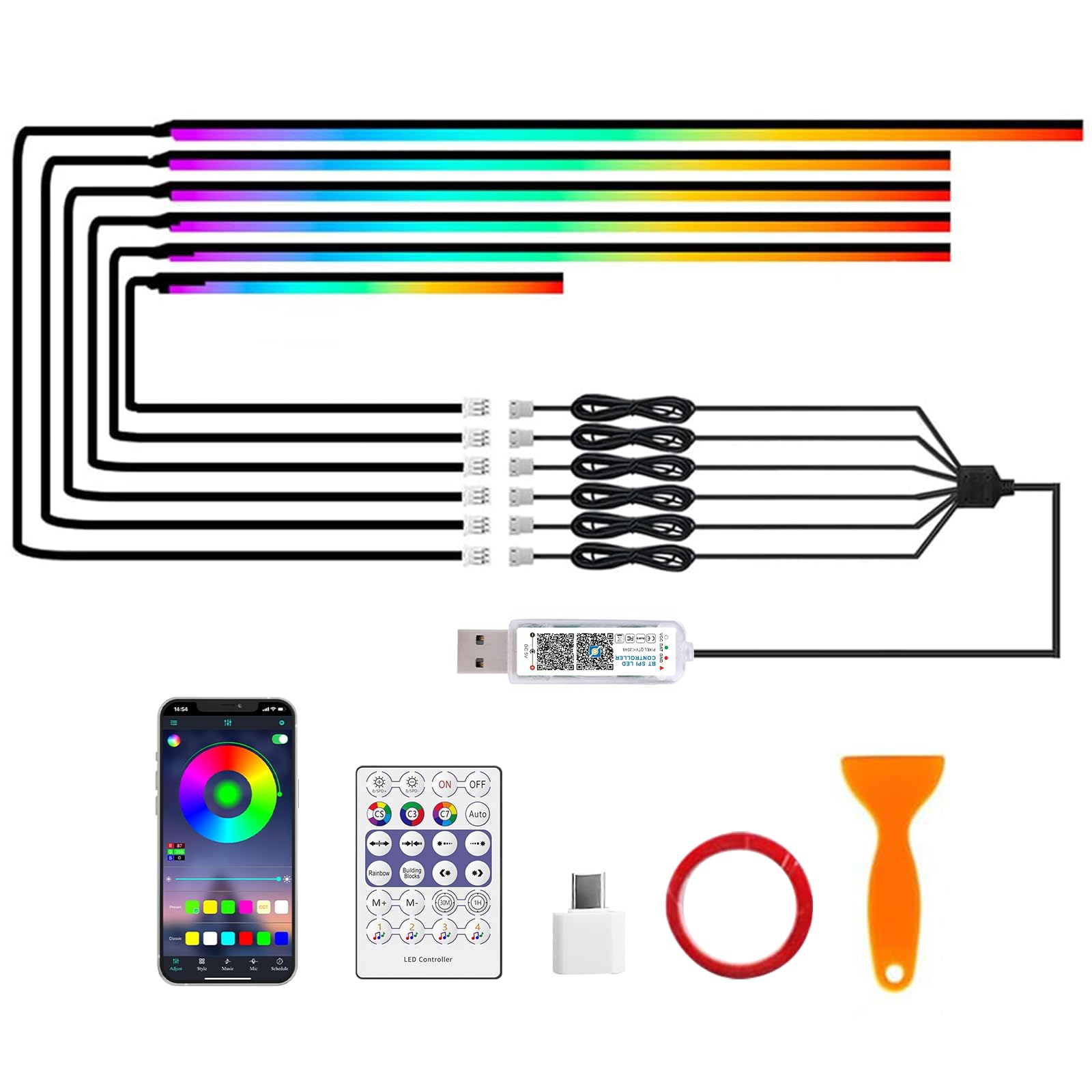 Acryl 6 IN 1 Auto Ambientebeleuchtung, RGB LED Auto Innenbeleuchtung Strip Lights 445cm 584 LEDs Innenbeleuchtung Streifen mit 16 Millionen Farben, 240＋Dynamische, App+Fernbedie