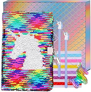 Unicorn Sequin Notebook Secret Lockable Diary Journal, A5 Reversible Notepad and Pens Writing Stationery Set with Sequin Keychain Christmas Birthday Gift for Girls Kids