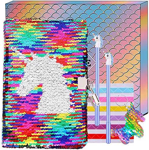 Unicorn Sequin Notebook Secret Lockable Diary Journal A5 Reversible Notepad and Pens Writing Stationery Set with Flip Sequin Keychain for Girls Kids