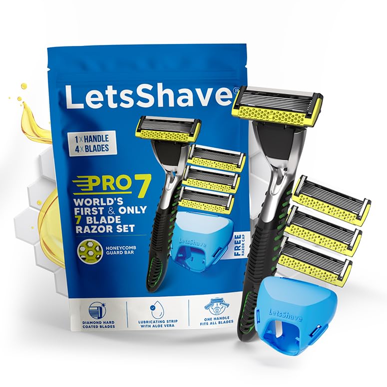 Image of LetsShave Pro 7 Max Razor Value Set for Men (1 Handle + 4 Blades) | World's First & Only 7-Blade Razor for Men | Honeycomb Guard, Open Flow Design & Nature Infused Lubrication Strip | With Travel Cap