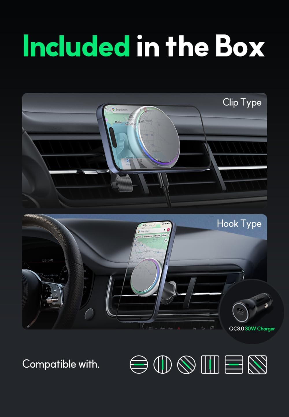 Qi2-Certified 15W The Mount Magsafe Compatible Car Mount Charger, Full Aluminum Body Air Vent Clip and 15W Adapter Included for iPhone 16/15/14/13/12 (Space Gray)