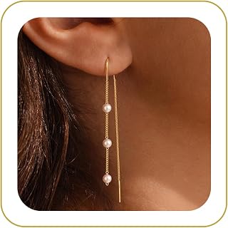 Carffordo Pearl Earrings for Women, 14K Gold Plated Drop Thread Earring | Lightweight Pearl Dangle Earrings with Hypoallergenic Design, Elegant Style for Daily Wear, Weddings and Thoughtful Gifts