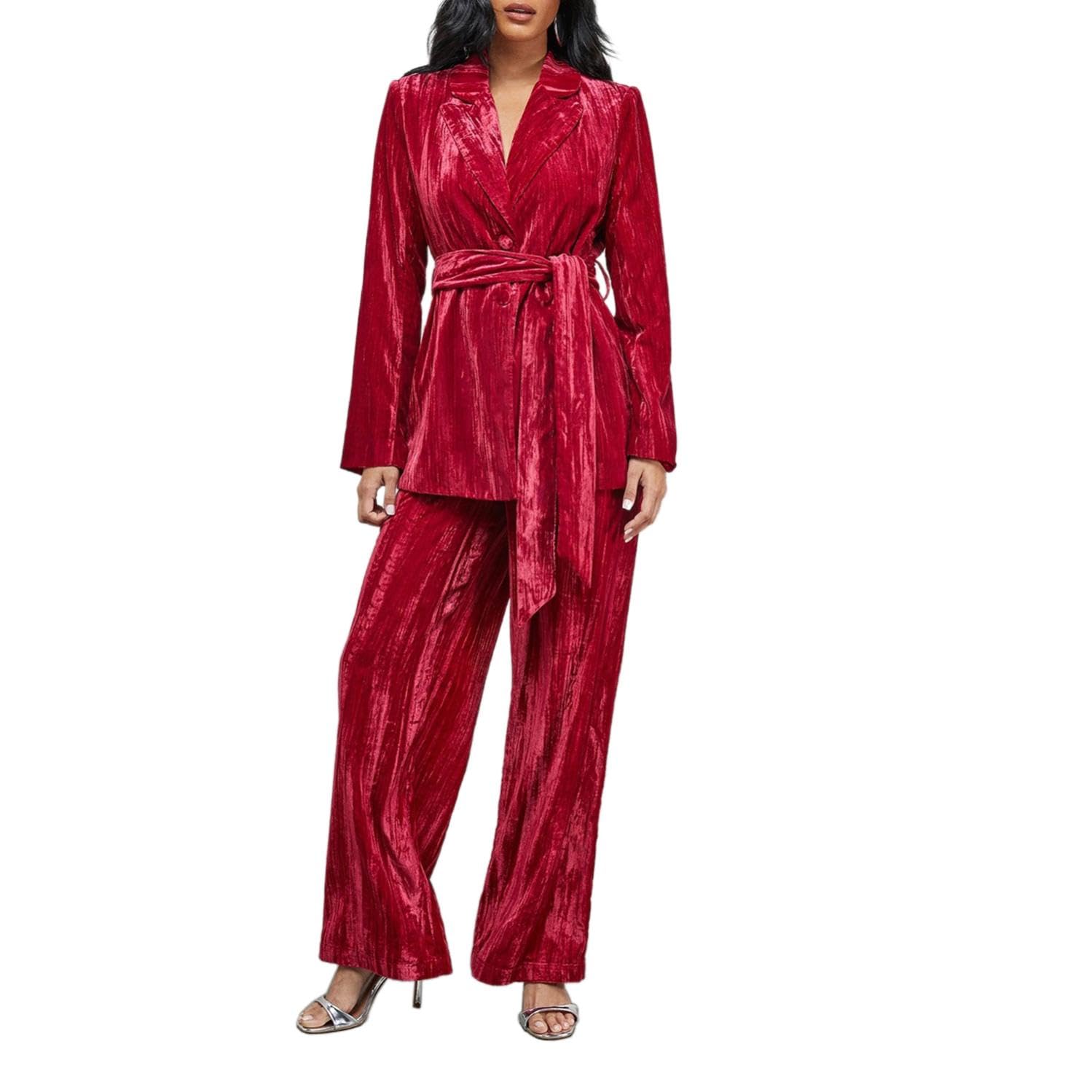Womens 2 Piece Business Casual Pleated Velvet Long Sleeve Blazer Wide Leg Pants Suit Sets