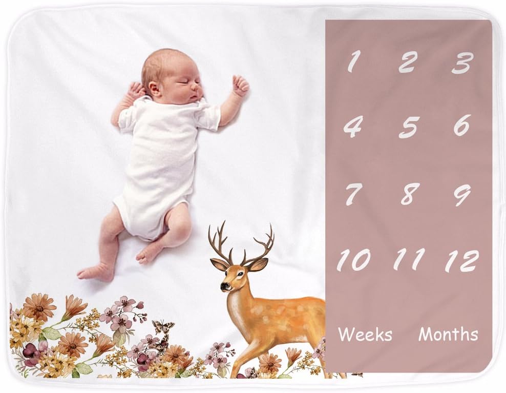 Baby Milestone Blanket 60" x 40" for Girls Boys, Monthly Milestone Blanket for Infant Month by Month, Great Deer