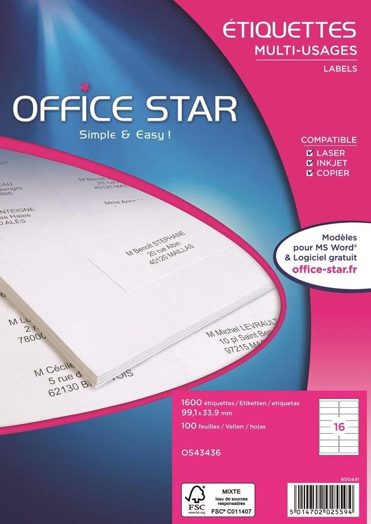 Office Star Multi-Use Labels 199.6 x 289.1 MM White 100 bôite