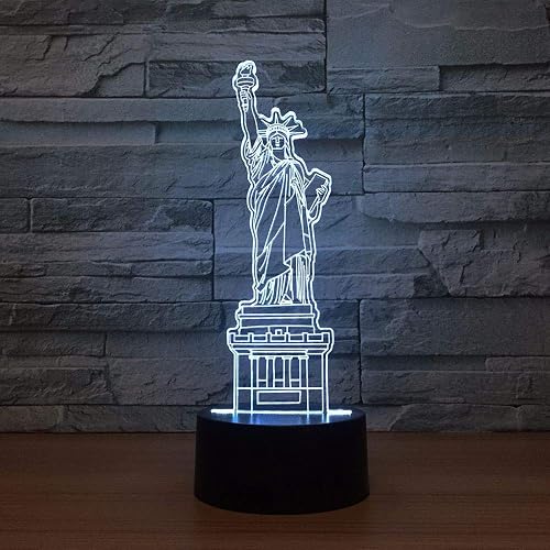 Luz nocturna 3D Estatua de la Libertad, 16 colores cambiantes LED, lámpara de escritorio de mesa de acrílico plana ABS base cargador USB decoración