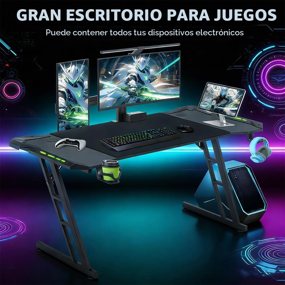 Escritorio Gaming con LED 120×60 cm, Escritorio Gamer con Gestión de Cables, Mesa Gaming con Portavasos y Soporte para Auriculares-en Forma de Z, Escritorio Ordenador de Fibra de Carbono Ergonomicas