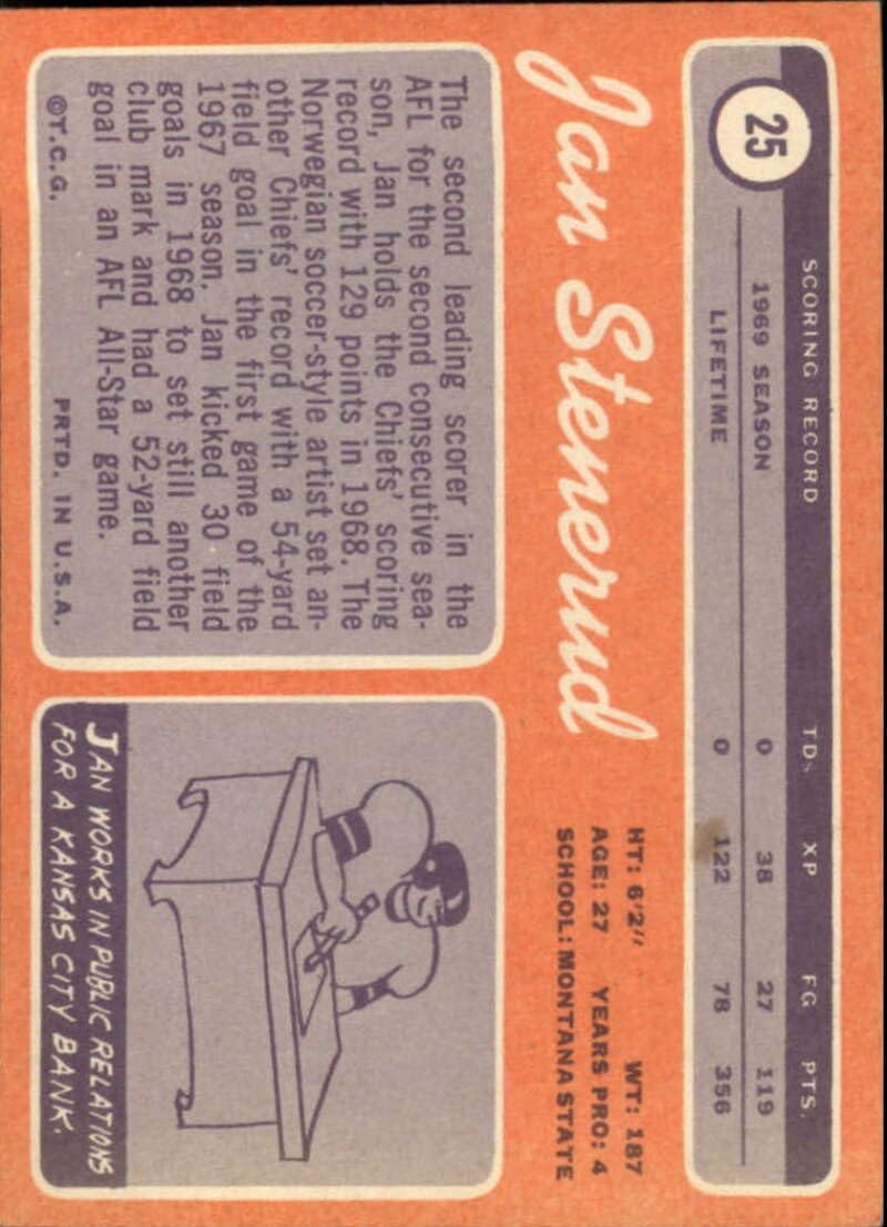 1970 Topps Series 1 Football #25 Jan Stenerud RC Rookie Kansas City Chiefs Set Break #1 (Scans Show Actual Card)