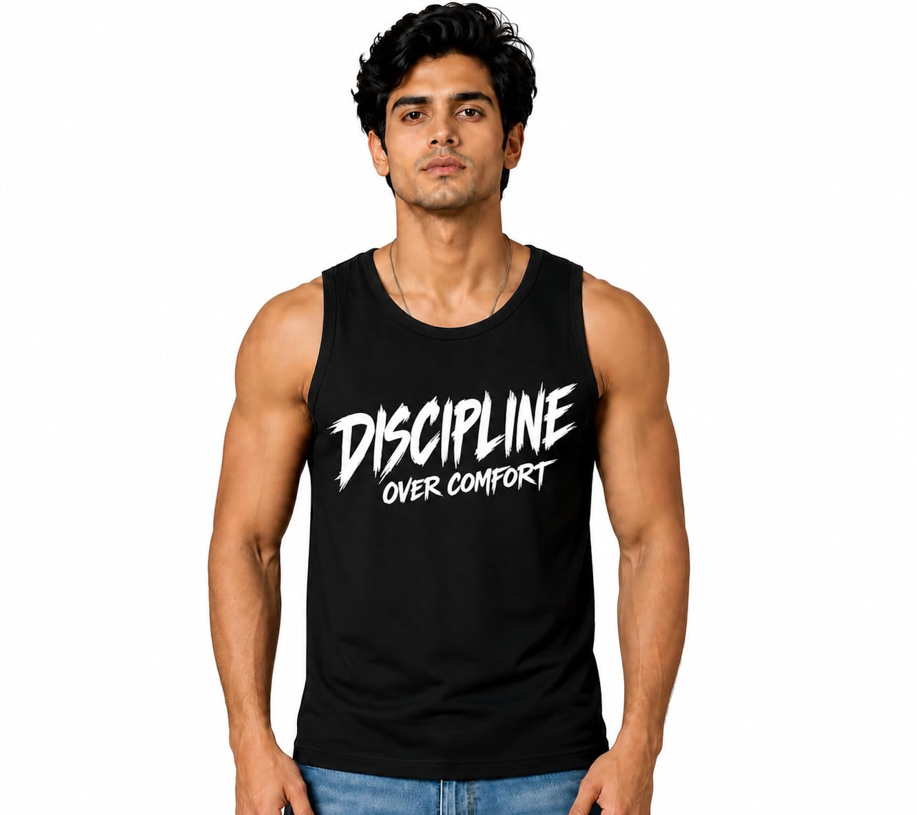 Men's Discipline Over Comfort Printed Sleeveless Gym Vest | Round Neck Fitness Tank Top for Workout & Training-picture-51