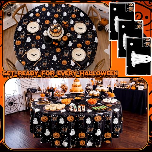 Image of Ganeen 6Pcs Halloween Plastic Tablecloths Pumpkin Black Cat Ghost Disposable Table Cover Halloween Party Decorations 84 Inch Plastic Round Table Covers Ghost Tablecloths Bulk for Baby Shower Party