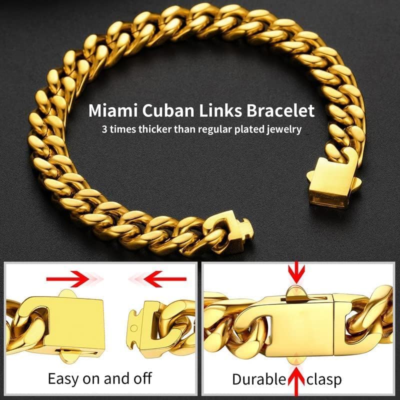 ChainsHouse Stainless Steel Cuban Link Bracelet for Men, 5mm/7mm/9mm/12mm Width, 7.5"/8.3"/9" Length, Black/18K Gold Plated Chain Wrist Bracelets for Men, with Gift Box - Image 3