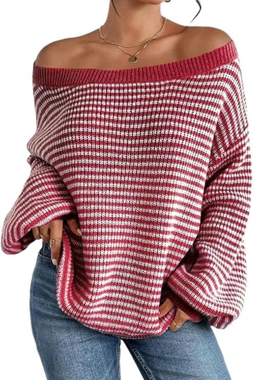 Women's Oversized Striped Sweater Casual Off The Shoulder Sweater Fall Long Sleeve Loose Knit Pullover Jumper Tops